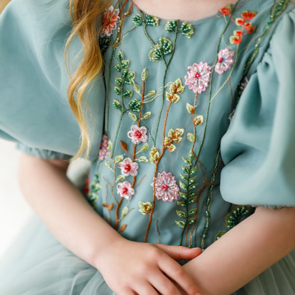 Sage Green Embroidered Boho Dress Mint Tulle Wedding Girl Dress