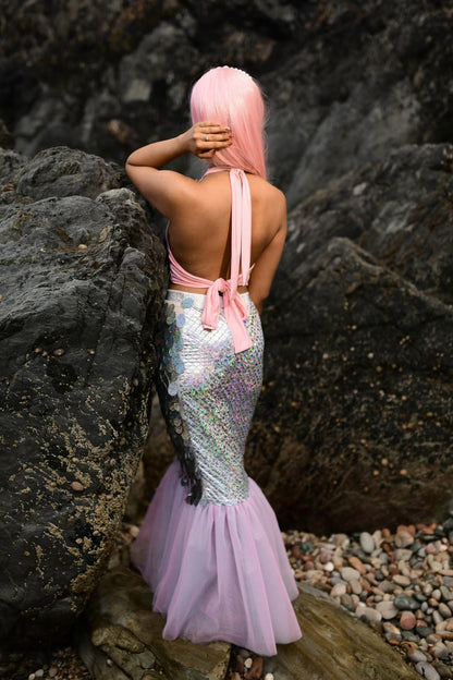 Shimmering Silver Mermaid Tail Halloween Costume for Adults - Silver fish Skirt and Top Set