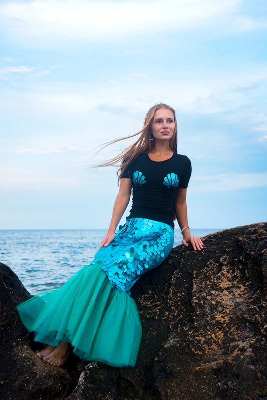 Sequin Mermaid Tail Skirt & Black Shell Tee - Turquoise Costume for Adults