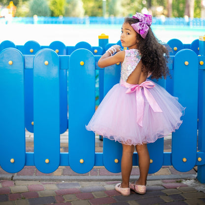 Sequins Pink Party Dress, Princess Tutu Open Back Wedding Outfit