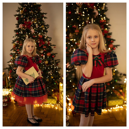 Tartan Plaid Blue Red Short Sleeve Velvet Top Dress ,Christmas Outfit