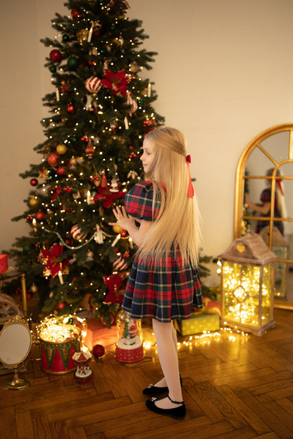 Tartan Plaid Blue Red Short Sleeve Velvet Top Dress ,Christmas Outfit