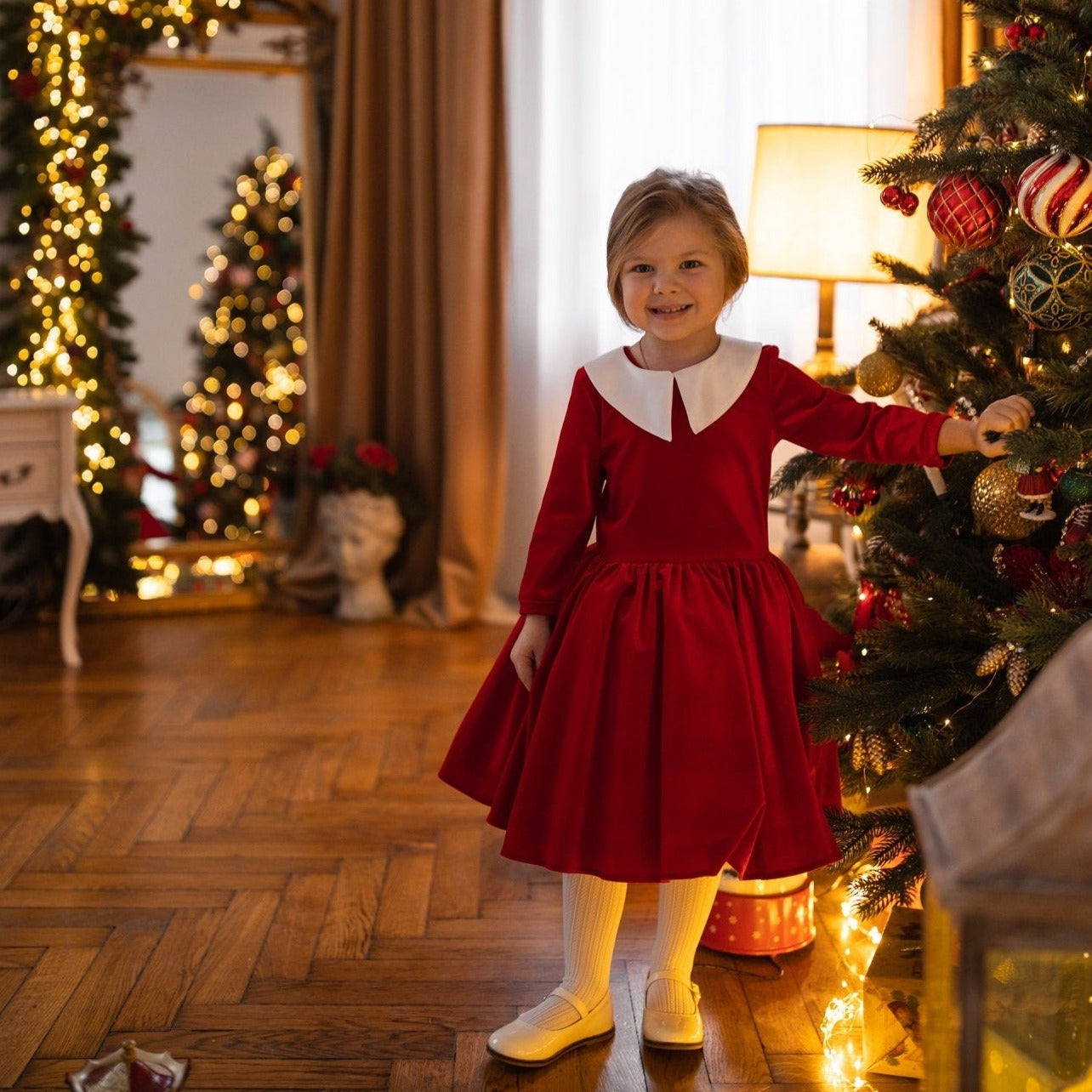 Red Baby Girl Dress With Collar Vintage Velour Dress