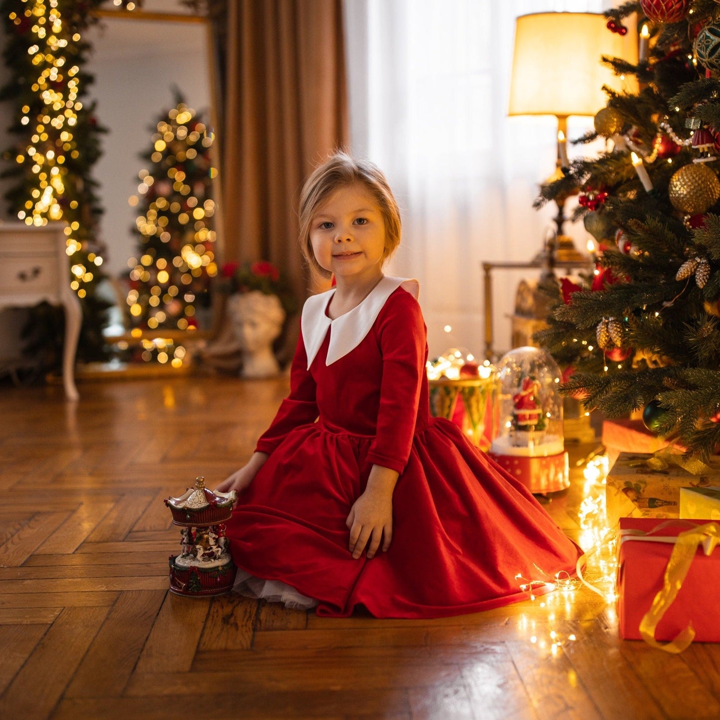 Red Baby Girl Dress With Collar Vintage Velour Dress