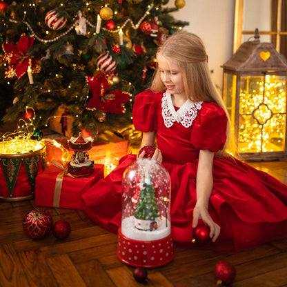 Red Velour Girl Christmas Dress With Collar