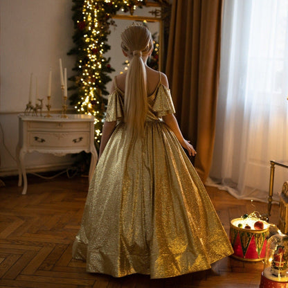 Christmas Gold Glitter Girl Cinderella Dress, Puffy Flower Girls