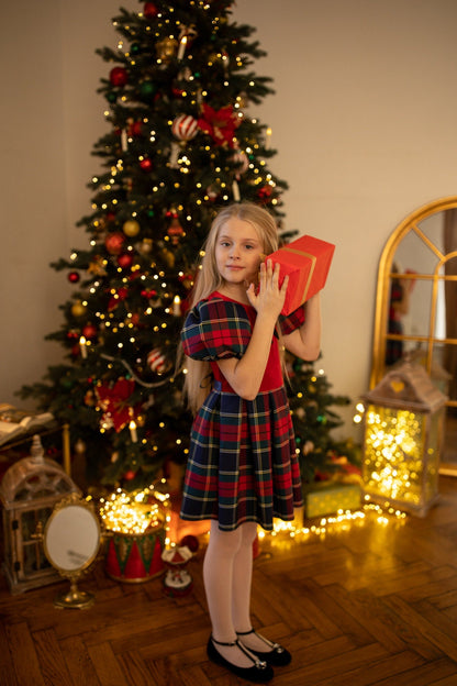 Tartan Plaid Blue Red Short Sleeve Velvet Top Dress ,Christmas Outfit