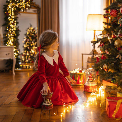 Red Baby Girl Dress With Collar Vintage Velour Dress