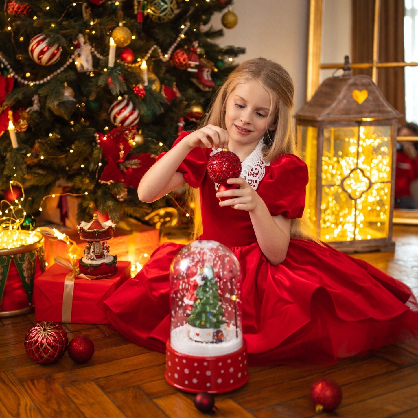 Red Velour Girl Christmas Dress With Collar