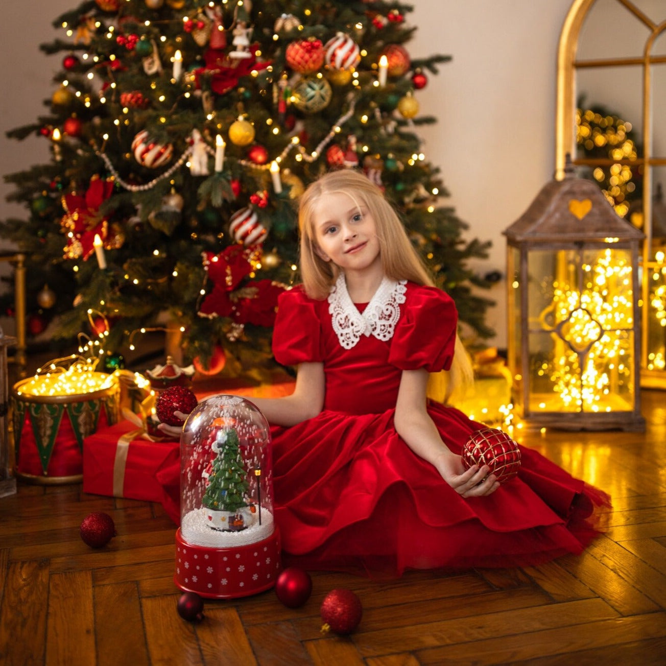 Red Velour Girl Christmas Dress With Collar