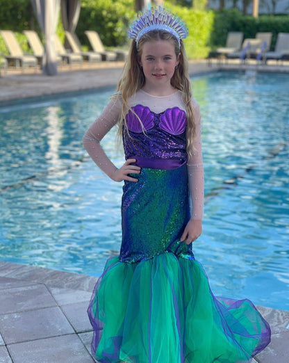 Girls Sequin Purple and Green Mermaid Dress Halloween Birthday Party Princess