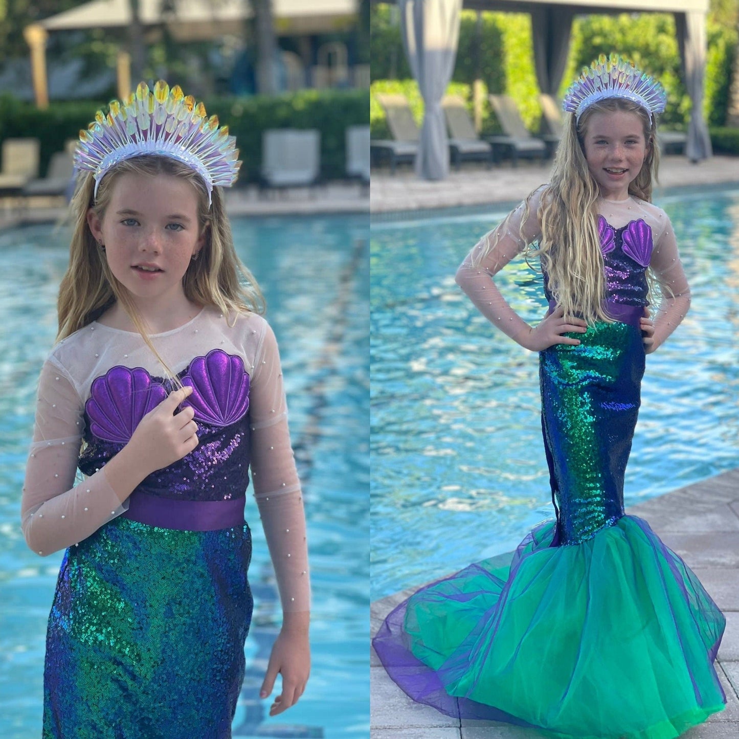 Girls Sequin Purple and Green Mermaid Dress Halloween Birthday Party Princess