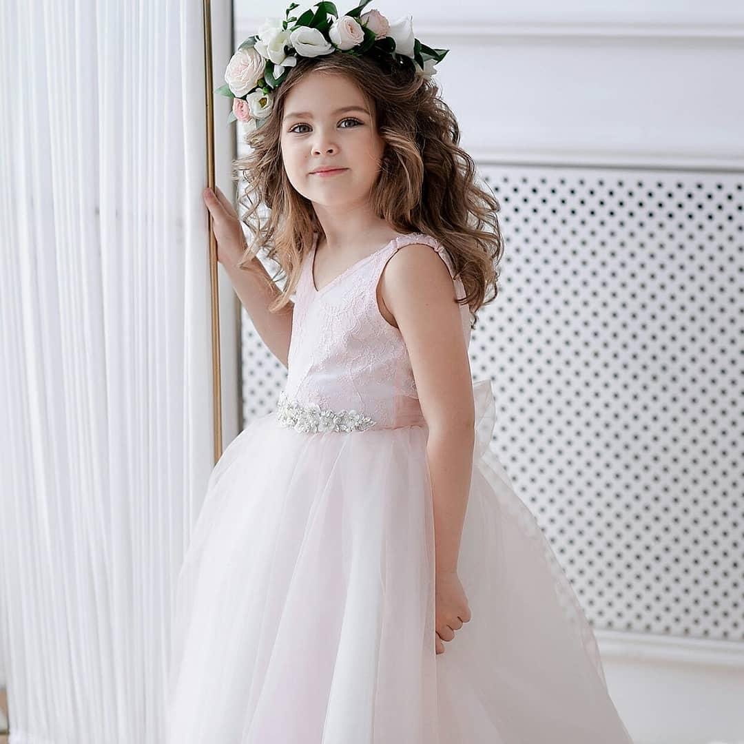 Blush Pink Flower Boho Lace Girl Dress with Train