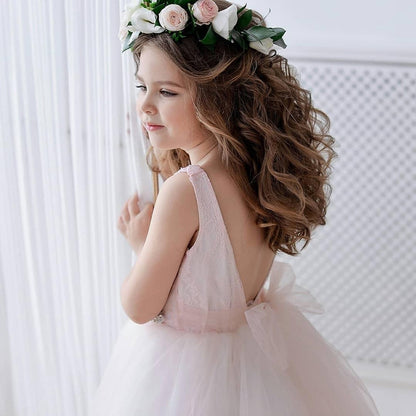 Blush Pink Flower Boho Lace Girl Dress with Train