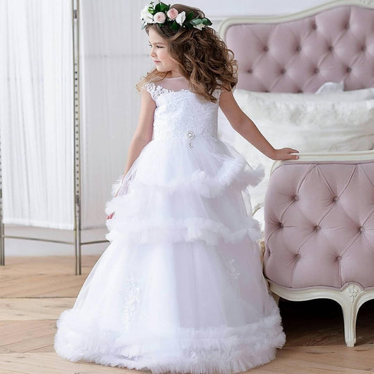 White Tutu Flower Girl Dress Lace First Communion Wedding Dress