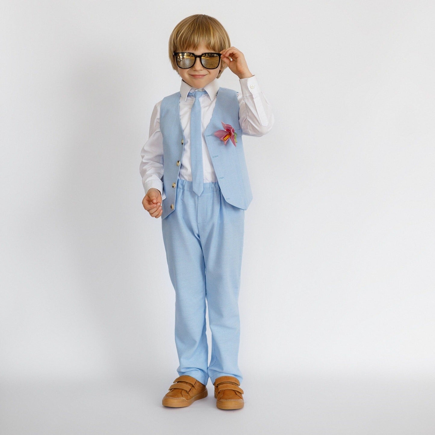 Boy Linen Blue Suit With Suspender Pants Vest And Tie