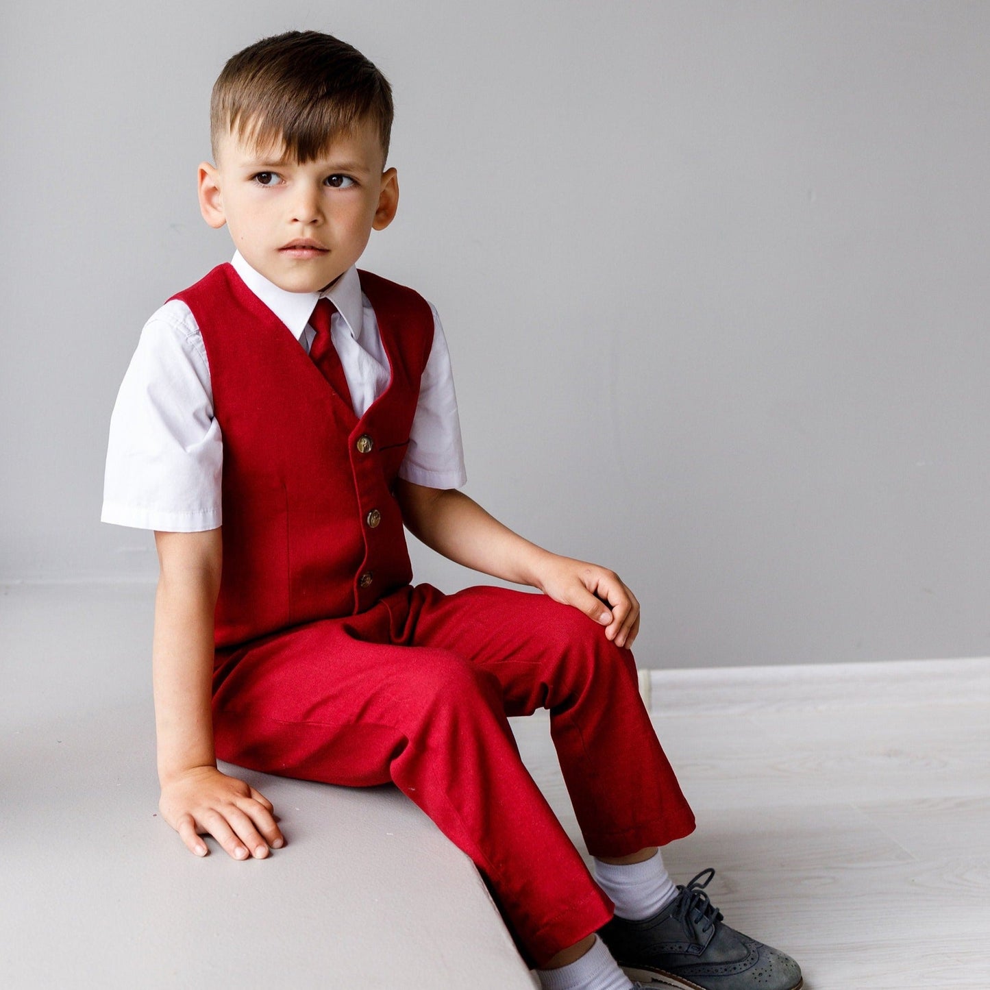 Boy Linen Marsala Suit With Suspender Pants Vest And Tie