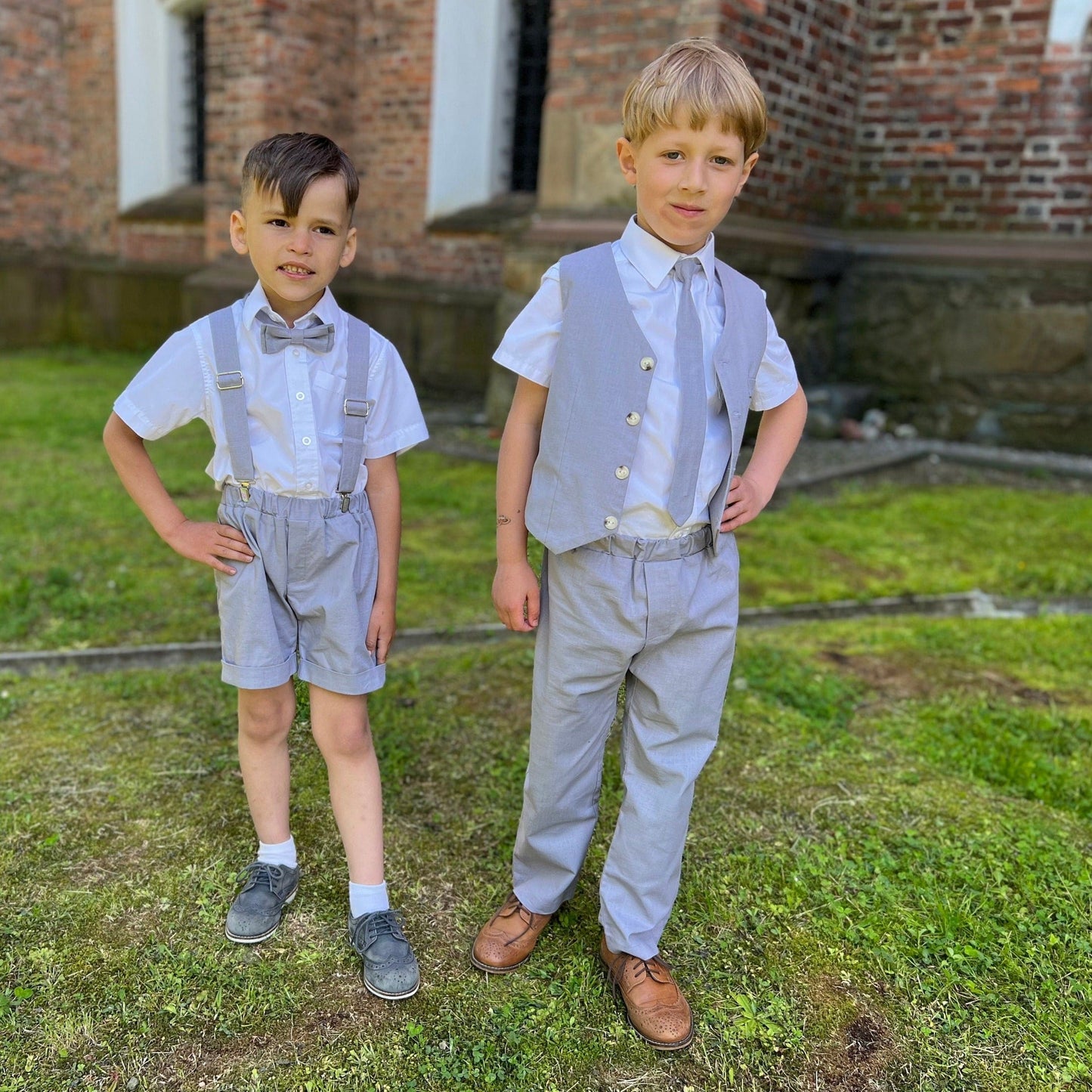 Boy Linen Grey Suit With Suspender Pants Vest And Tie