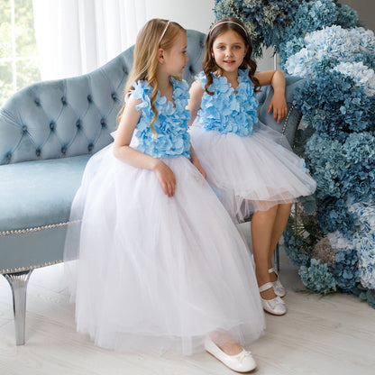 Girl Flower Dress, White Wedding Girl,  Blue Tutu Dress