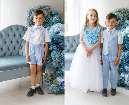 Boy Linen Blue Suit With Suspender Pants Vest And Tie