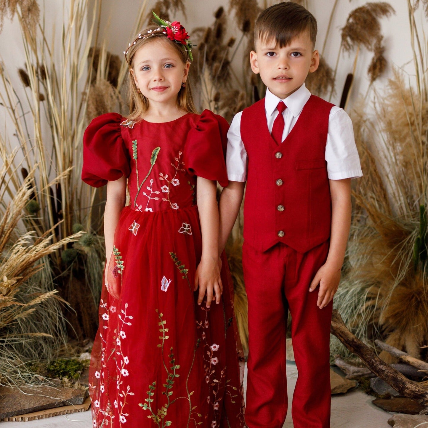 Boy Linen Marsala Suit With Suspender Pants Vest And Tie