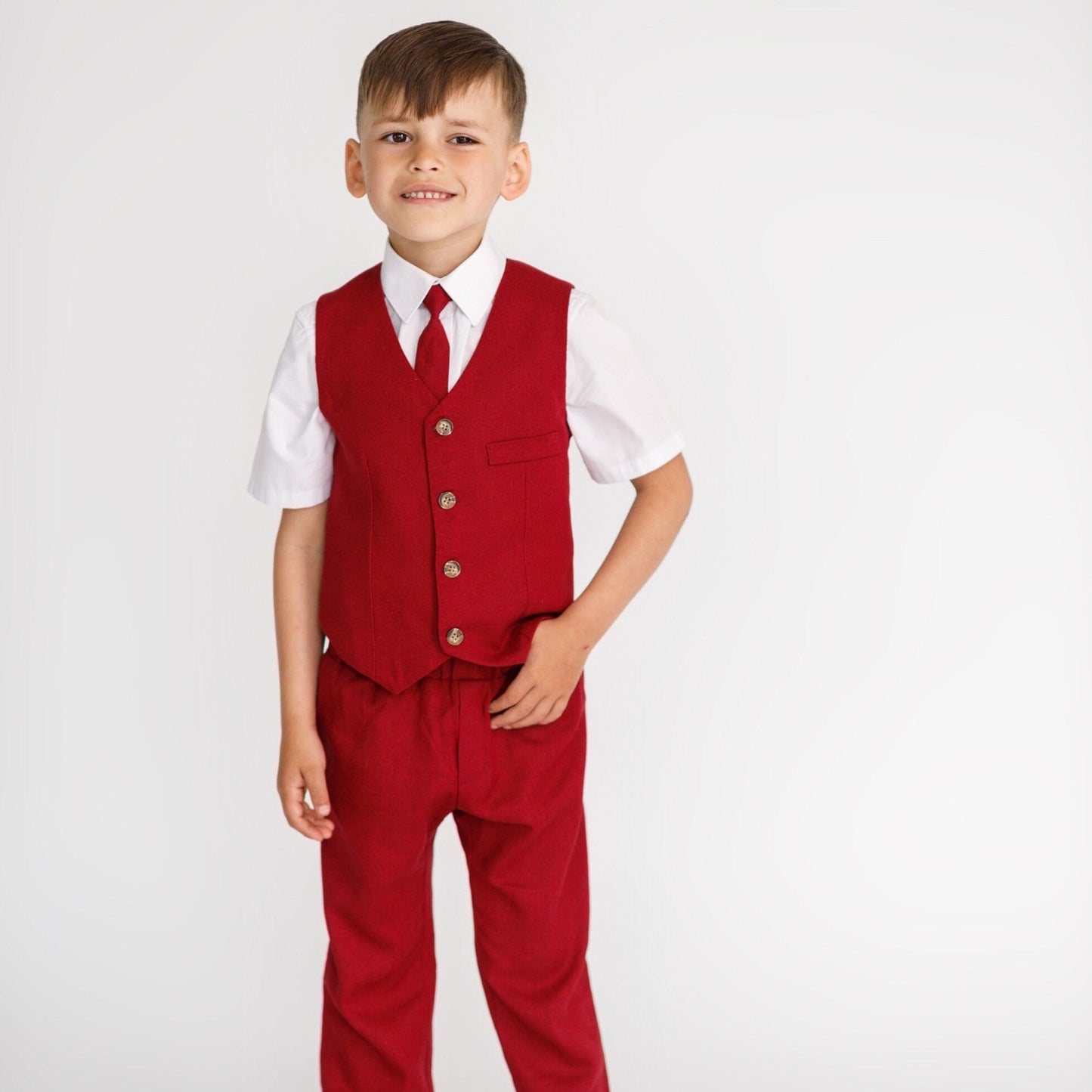 Boy Linen Marsala Suit With Suspender Pants Vest And Tie