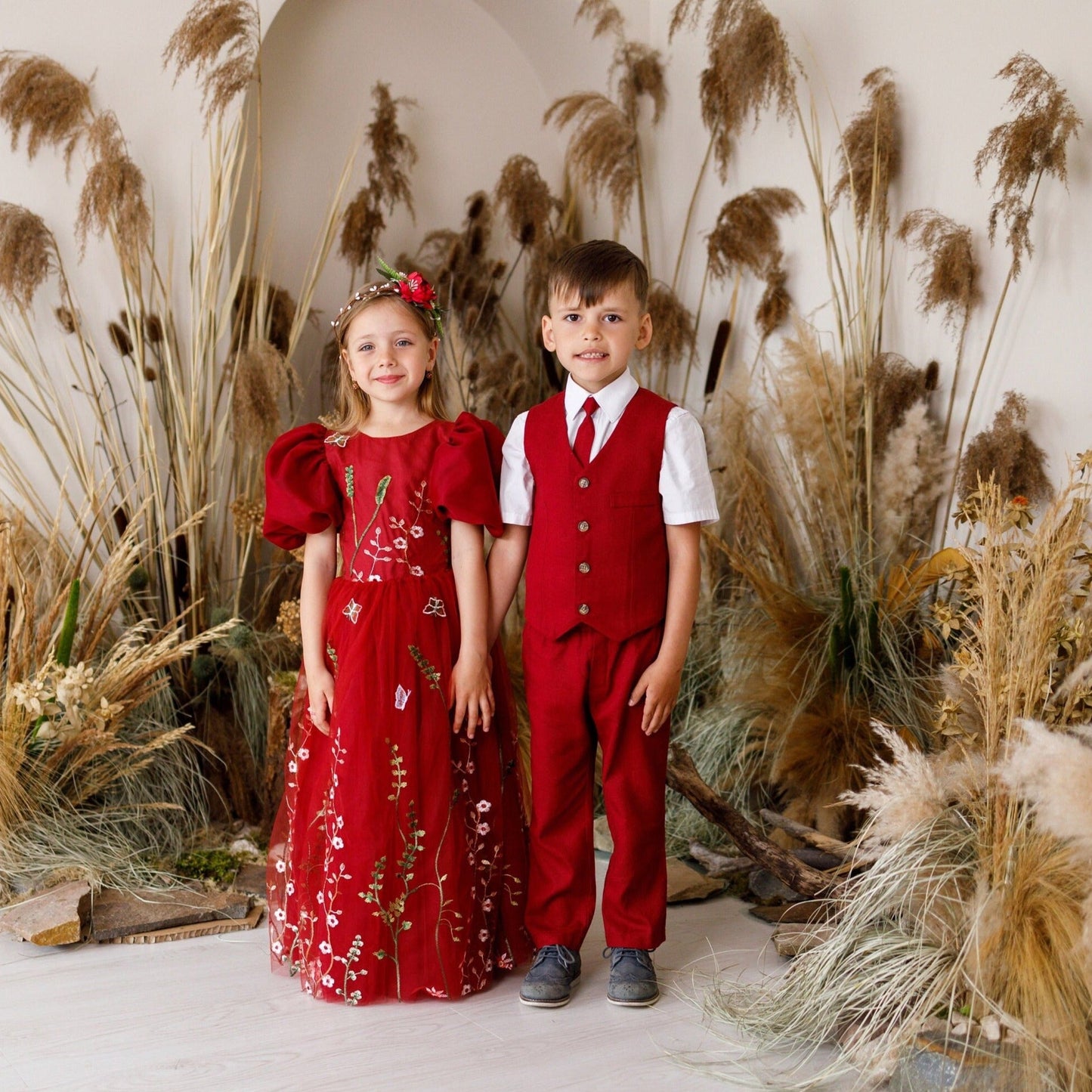 Boy Linen Marsala Suit With Suspender Pants Vest And Tie