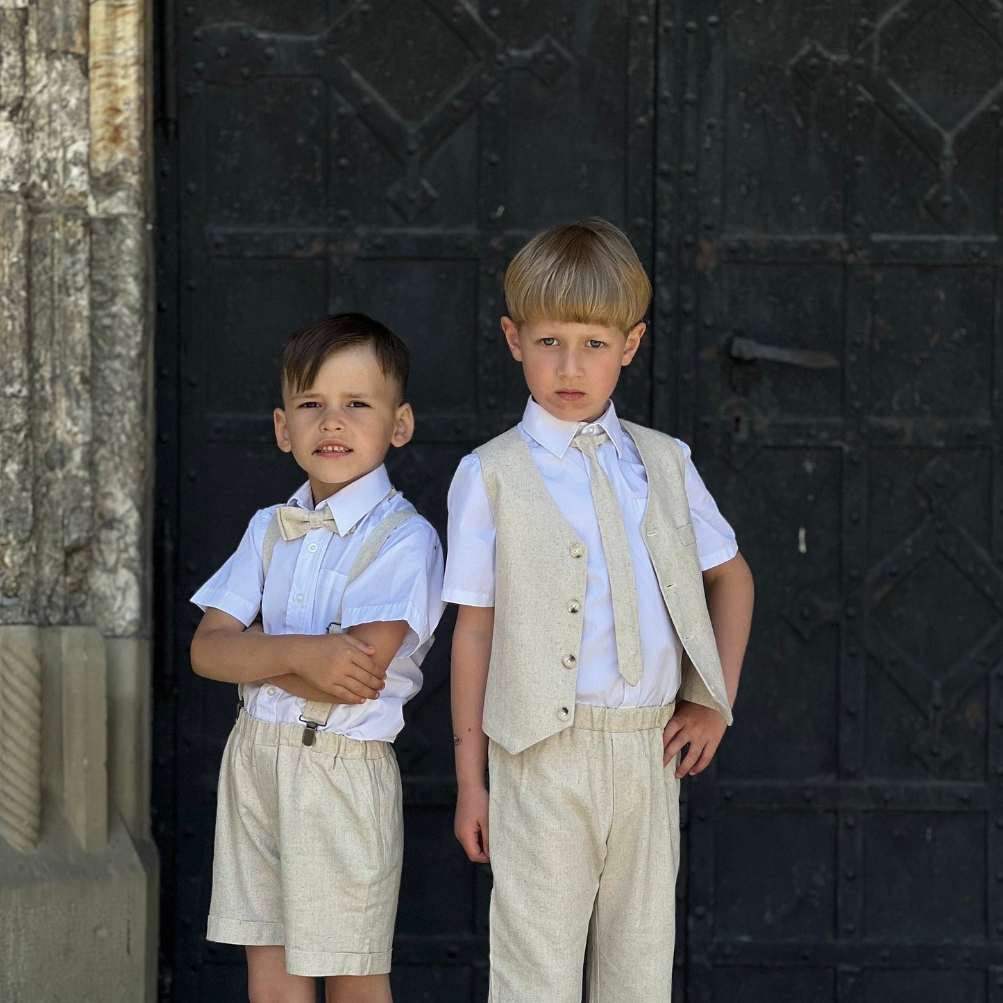 Boy Linen Beige Suit With Suspender Pants Vest And Tie