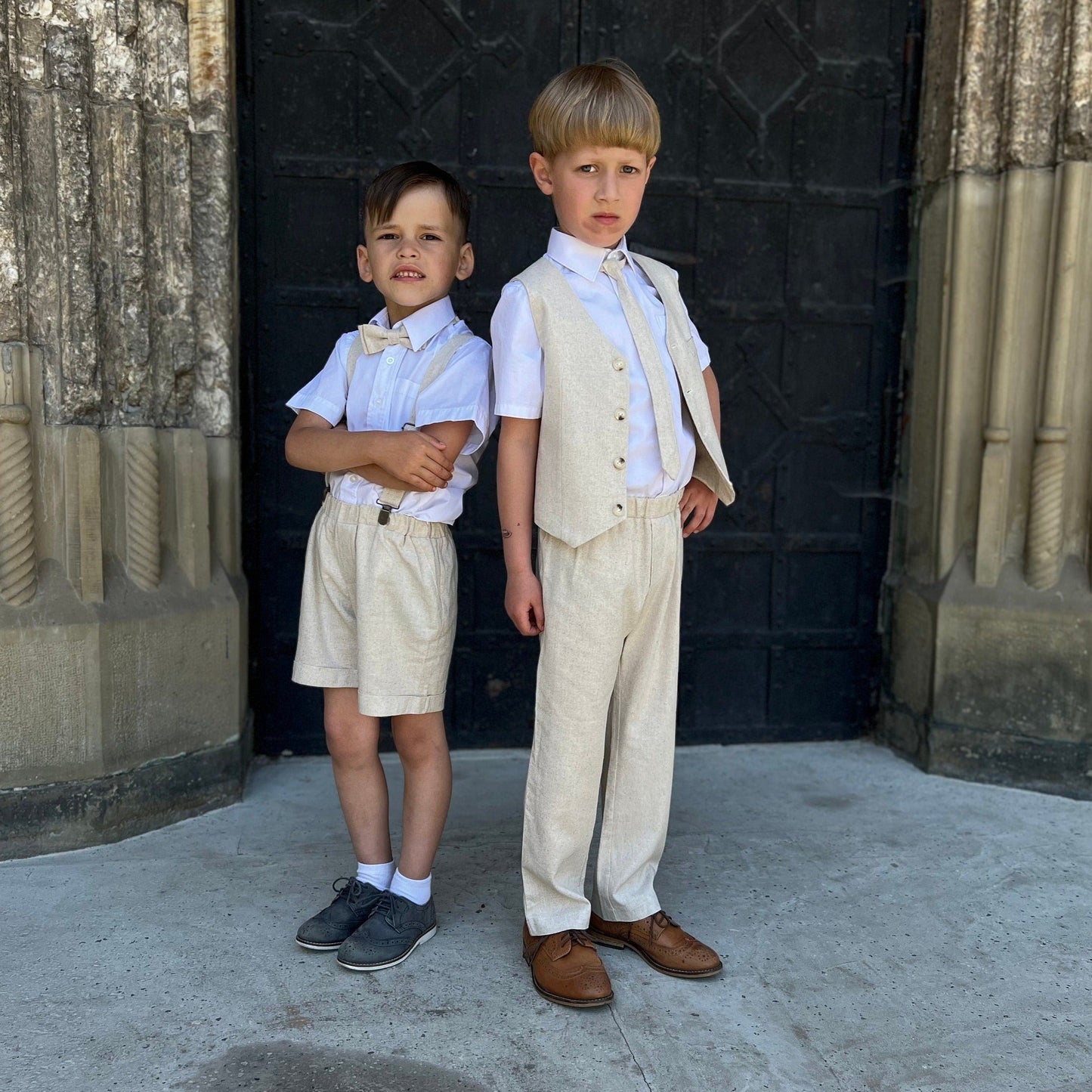 Boy Linen Beige Suit With Suspender Pants Vest And Tie