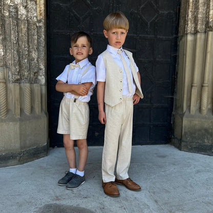 Boy Linen Beige Suit With Suspender Pants Vest And Tie