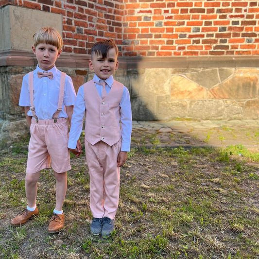 Boy Linen Pink Suit With Suspender Pants Vest And Tie