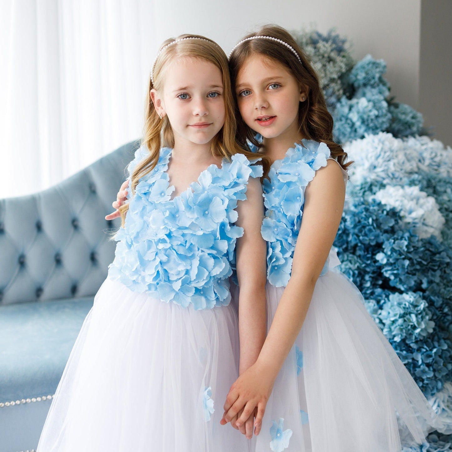 Girl Flower Dress, White Wedding Girl,  Blue Tutu Dress