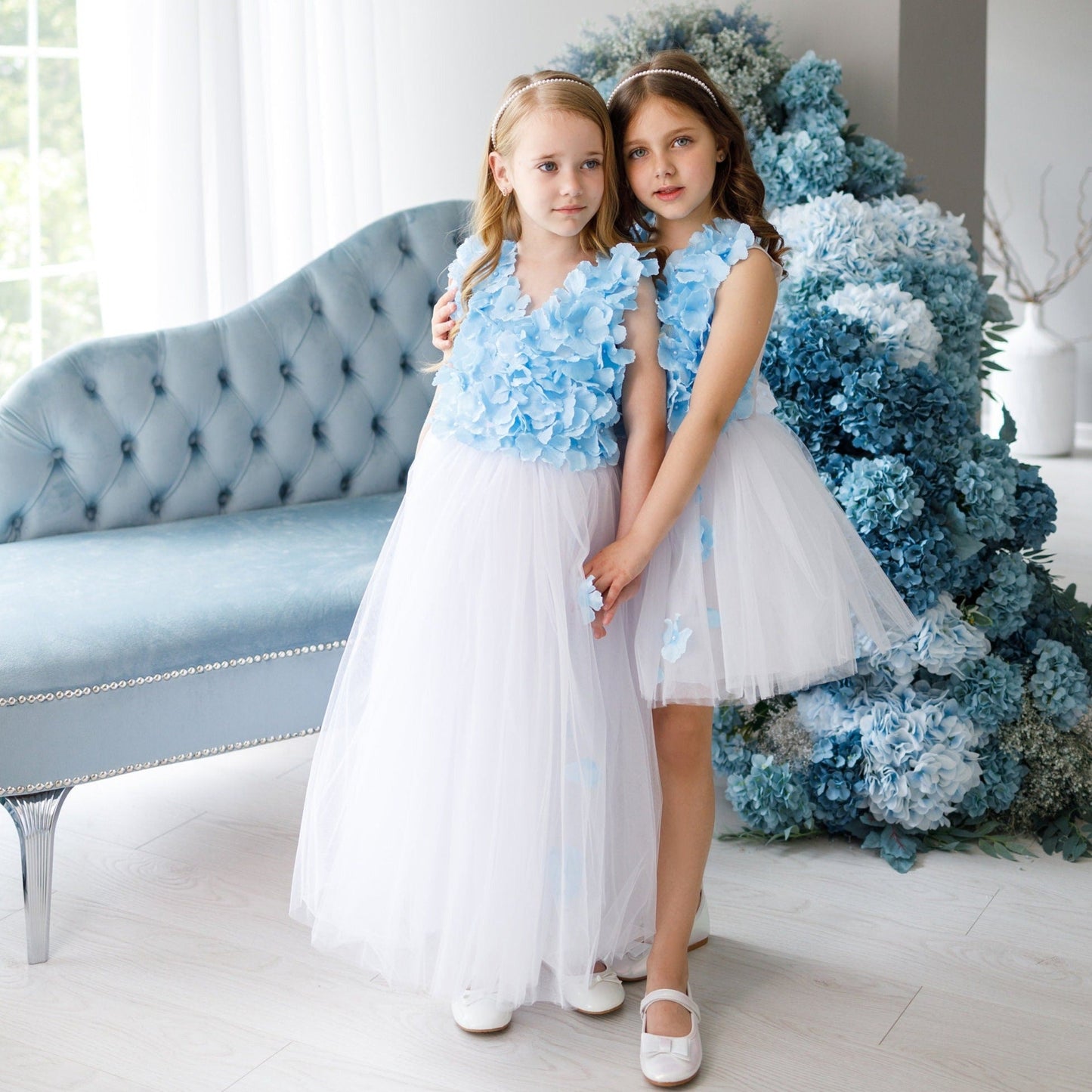 Girl Flower Dress, White Wedding Girl,  Blue Tutu Dress