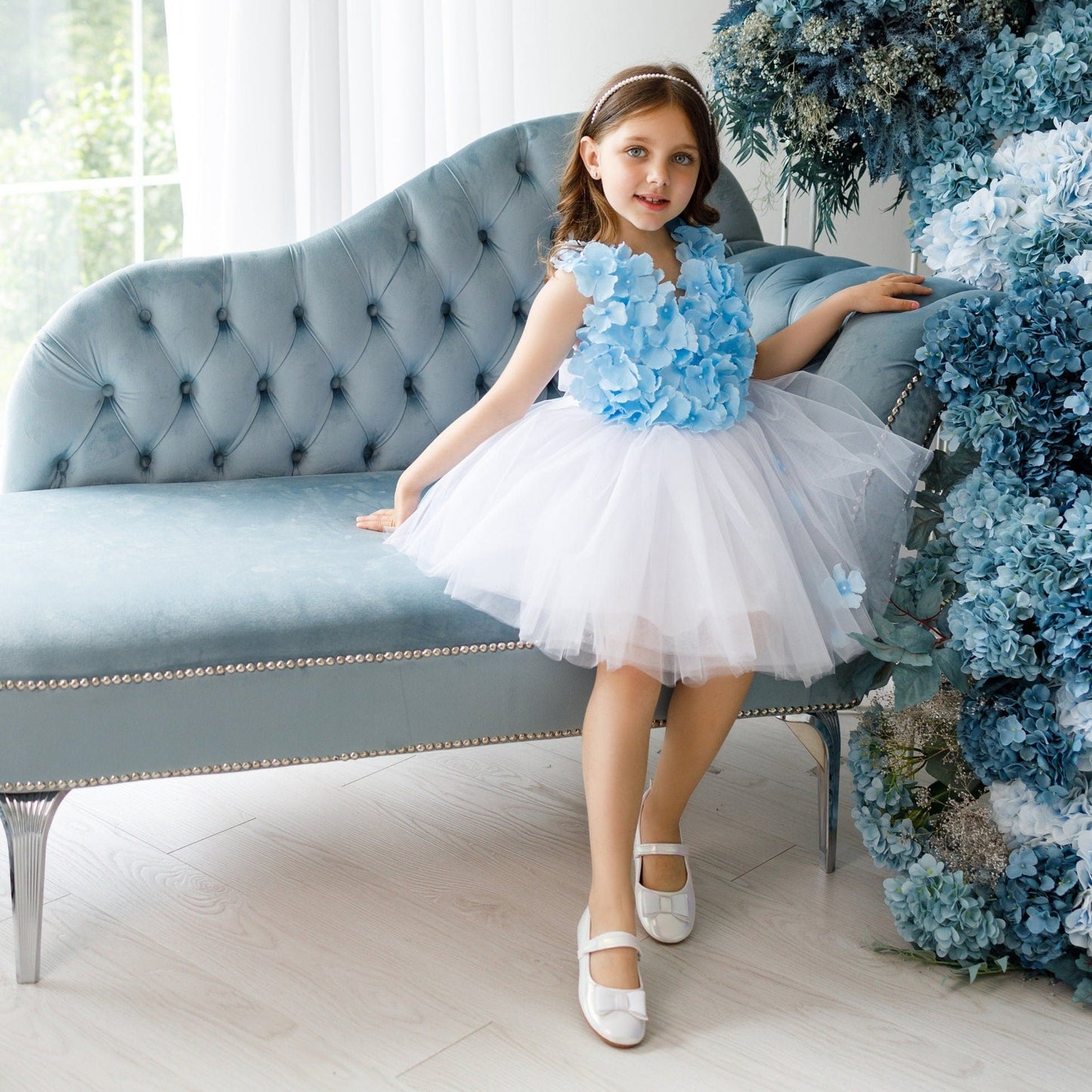 Girl Flower Dress, White Wedding Girl,  Blue Tutu Dress